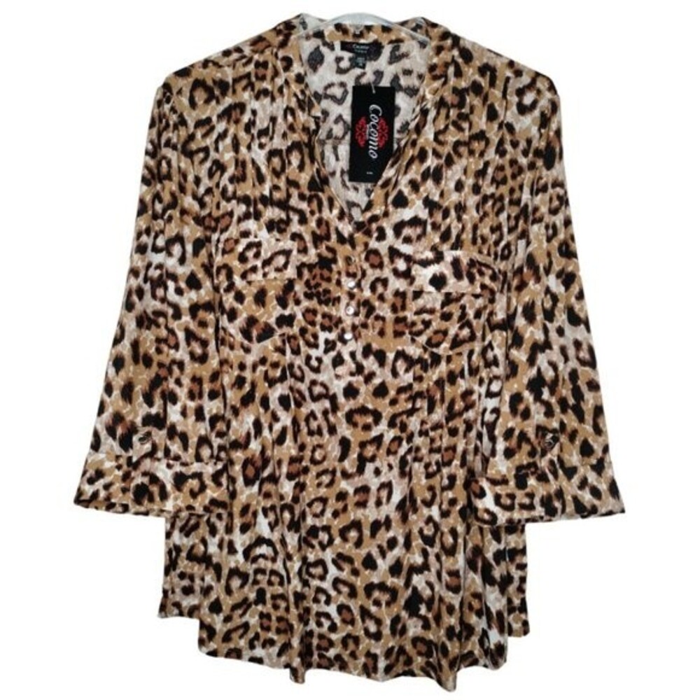 Cocomo Women's Plus Size 1X Black Multicolor Animal Print Pintuck 3/4 Sleeve Top